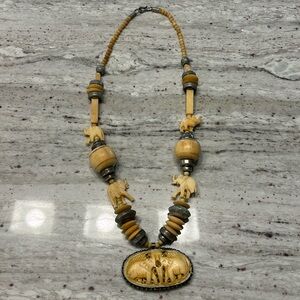 Vintage Tribal Ethnic Silver Tone Metal and carved Bone Necklace
